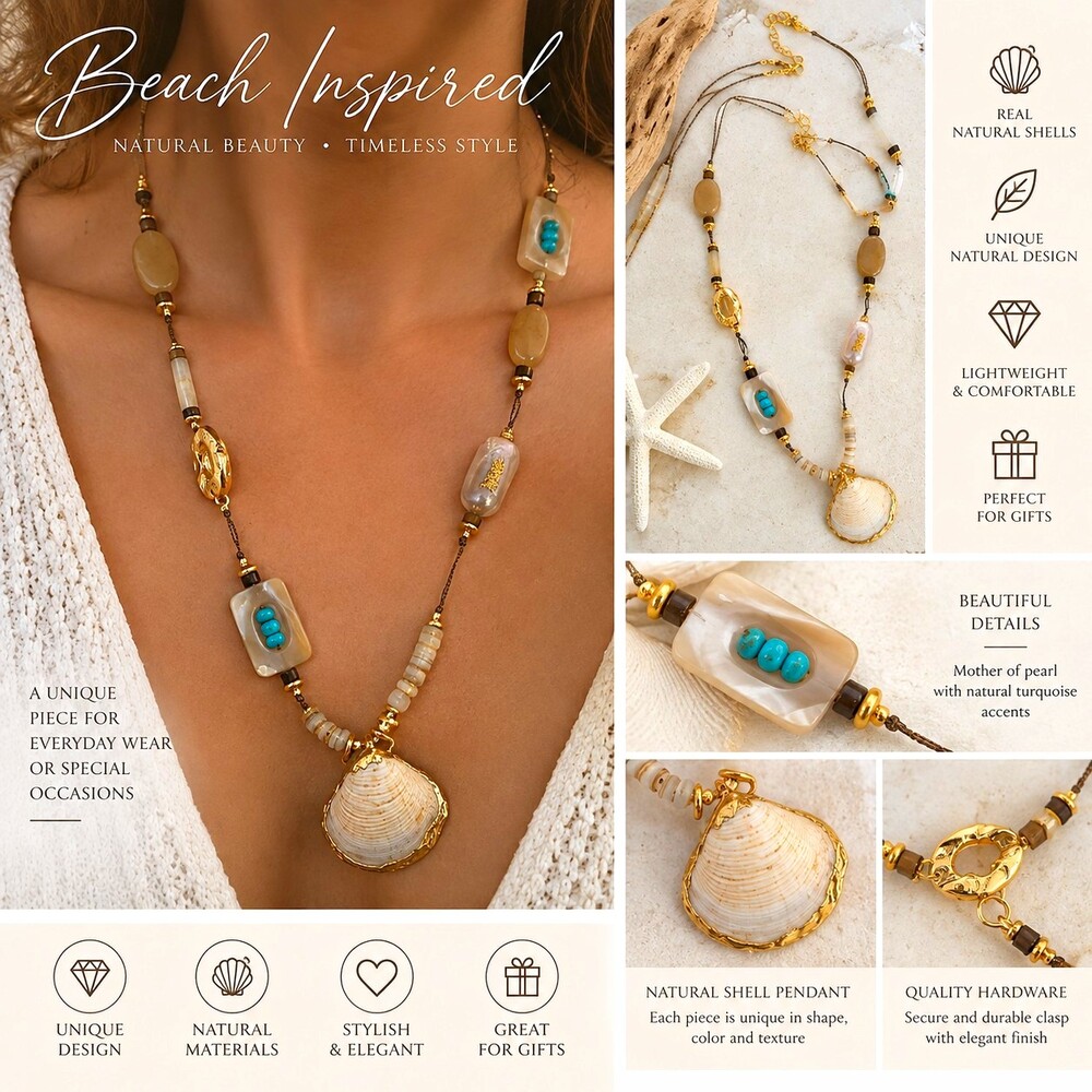 Gold Plated Shell Pendant Beaded Necklace Turquoise Mother of Pearl Lobster